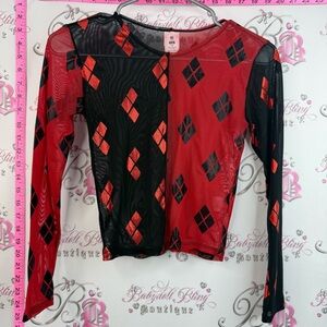 DC Harley Quinn Batman Red & Black Diamond-Print Mesh Long Sleeve Top